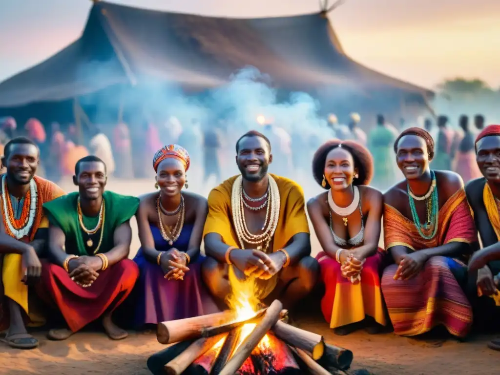 Celebración nocturna en aldea africana con hoguera y vestimenta tradicional