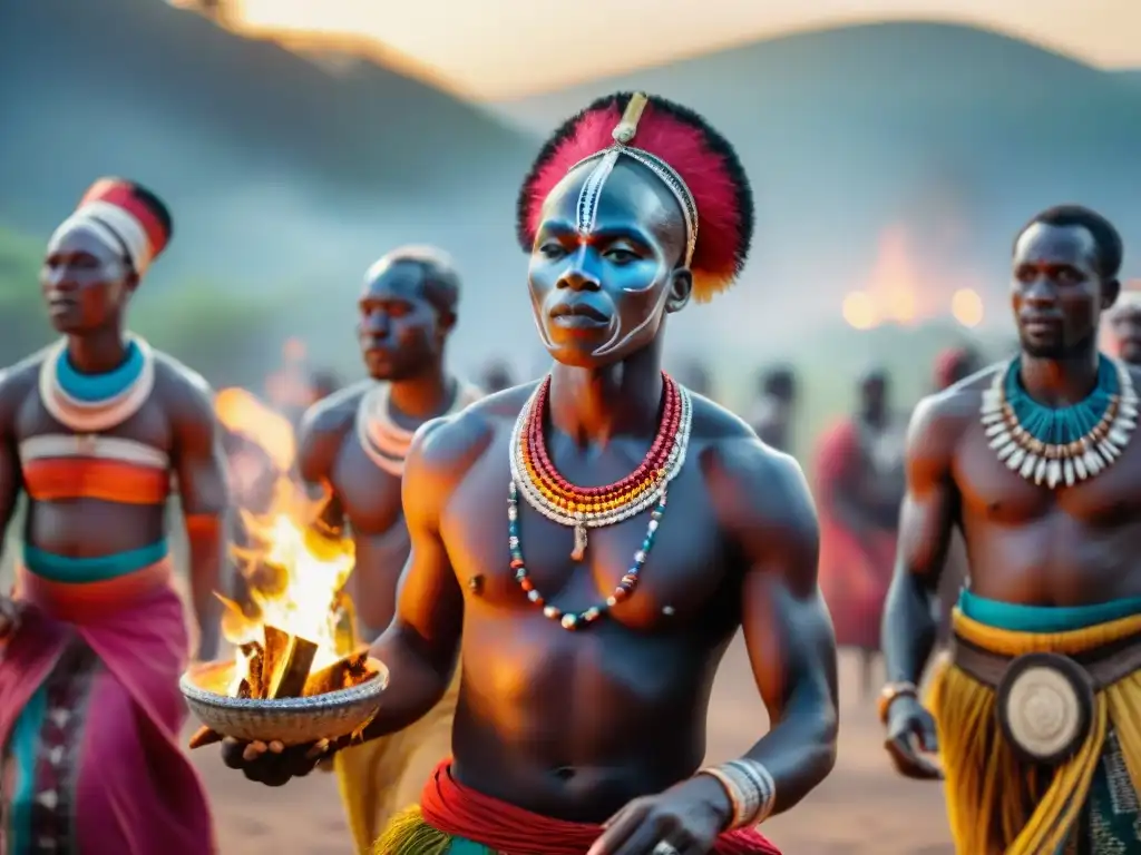 Celebración nocturna en África: aldeanos bailando alrededor de una fogata, con atuendos tradicionales y colores vibrantes