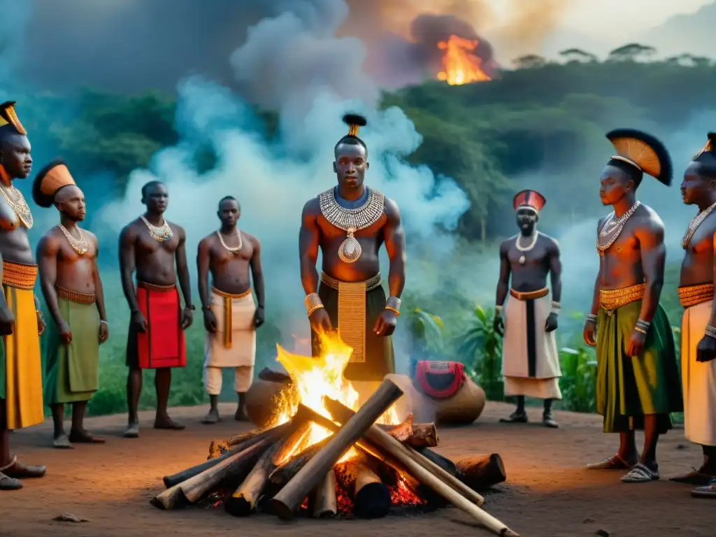 Celebración nocturna de sociedades secretas en el corazón del bosque africano