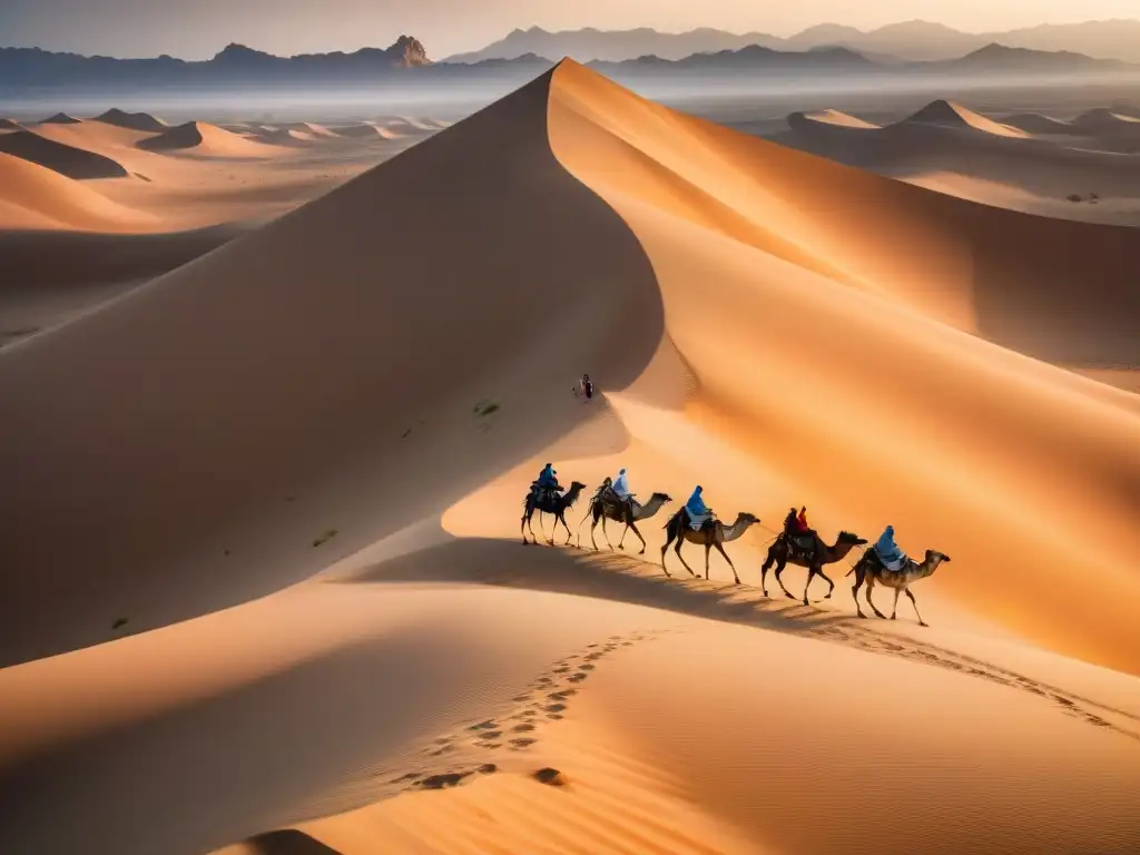 Un nómada bereber lidera caravana de camellos en el Sahara, mostrando resiliencia y estrategias supervivencia Sahara civilizaciones