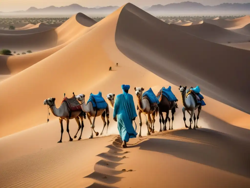 Un nómada tuareg lidera una caravana de camellos en el desierto de Níger al atardecer, reflejando la influencia global de las civilizaciones africanas