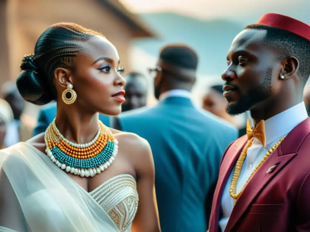 Una novia africana con joyería nupcial inspirada en África, rodeada de colorido en una boda tradicional africana