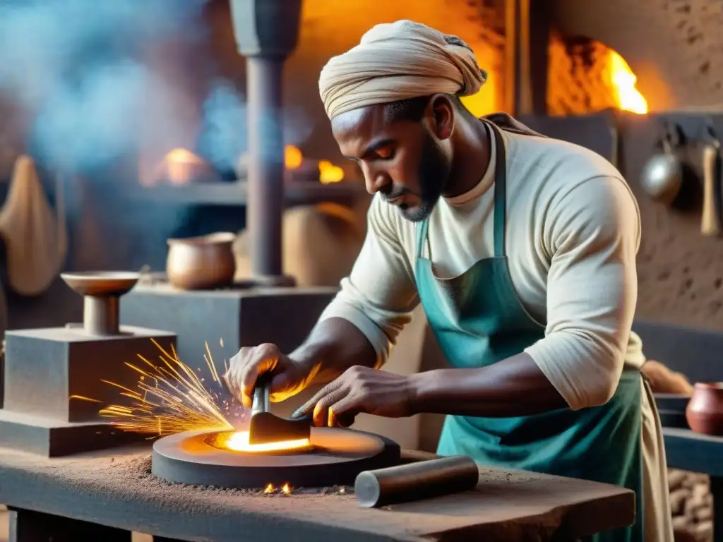 Un hábil herrero nubio forja una joya de oro, destacando la artesanía de los Orígenes de la metalurgia nubia