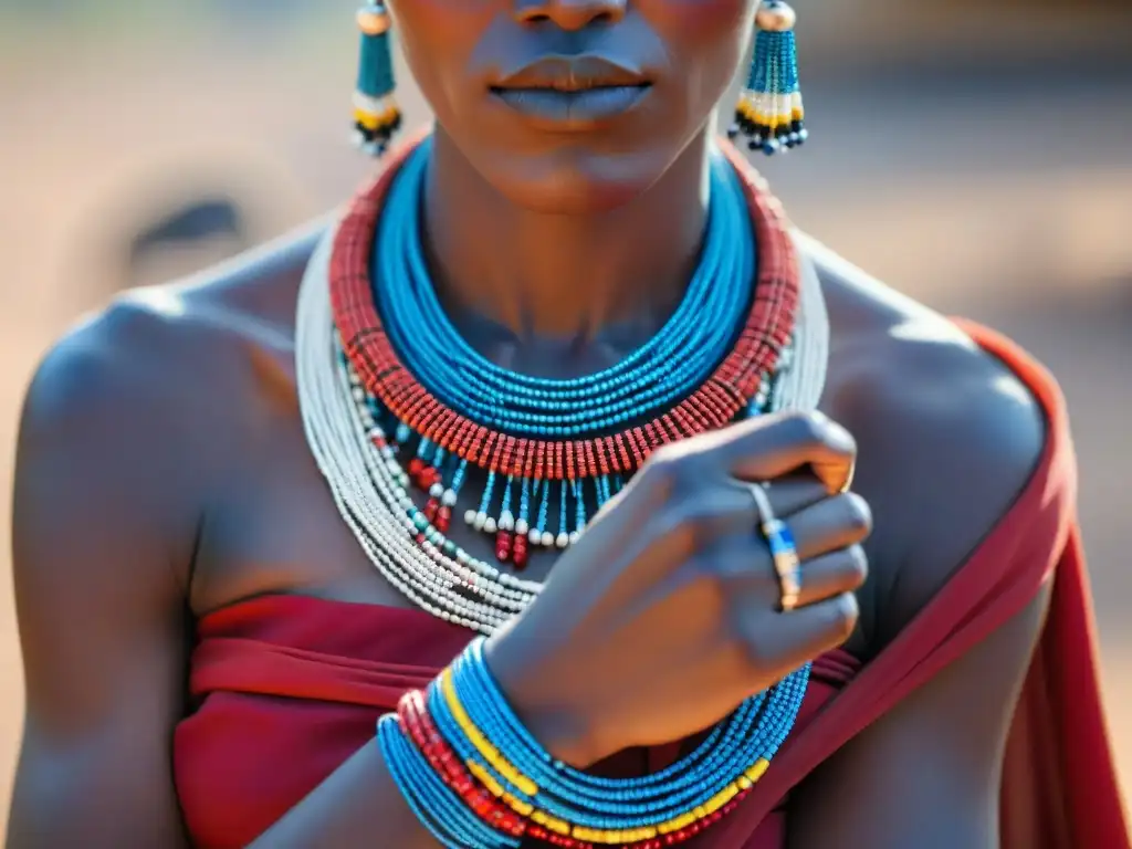 Inspiración joyería nupcial africana: Detalle de novia Maasai ajustando su collar de cuentas