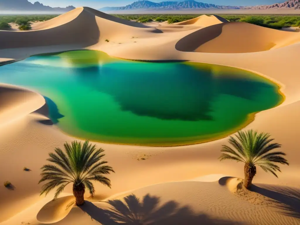 Un oasis exuberante en medio del desierto, con un pozo de agua cristalina rodeado de palmeras y aves exóticas, destacando la influencia de los oasis africanos