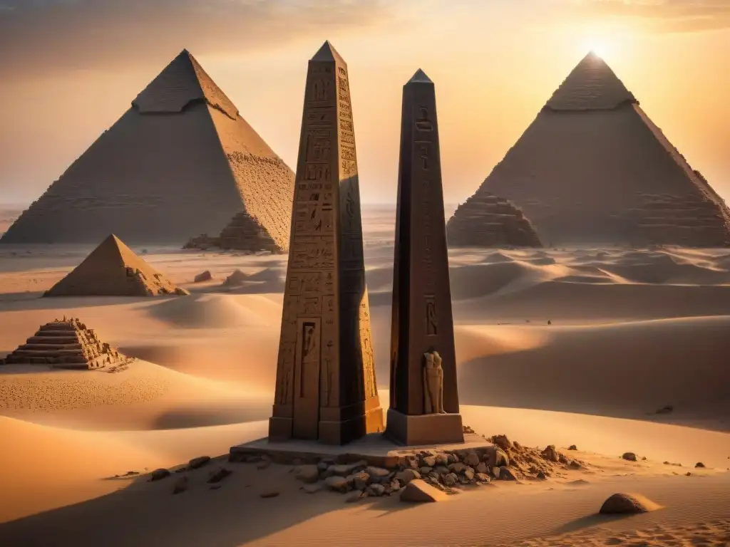 Obeliscos antiguos en el desierto: poder y misterio egipcio-nubio Obeliscos antiguos en desierto nubio, revelando jeroglíficos y carvings, simbolizando poder y significado obeliscos Egipto Nubia