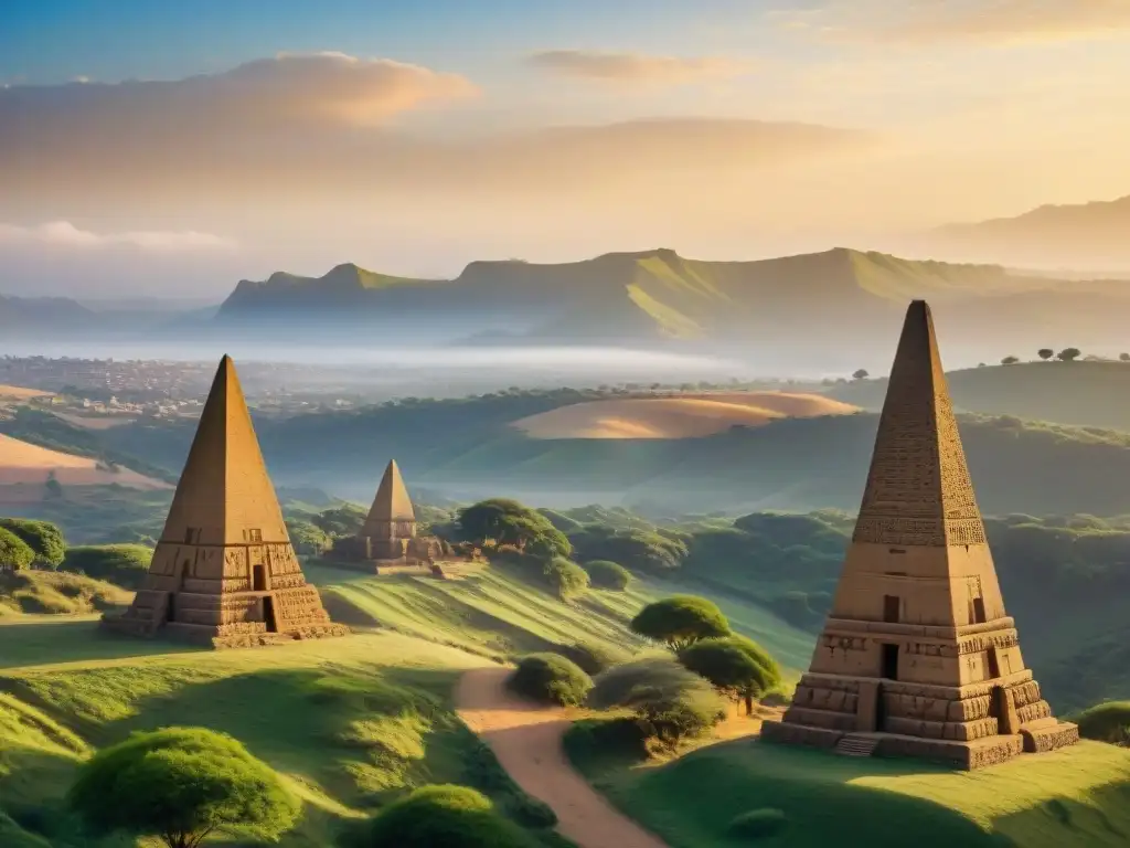 Obeliscos de piedra de Aksum iluminados por el cálido sol poniente, evocando la majestuosidad de las civilizaciones africanas influencia global