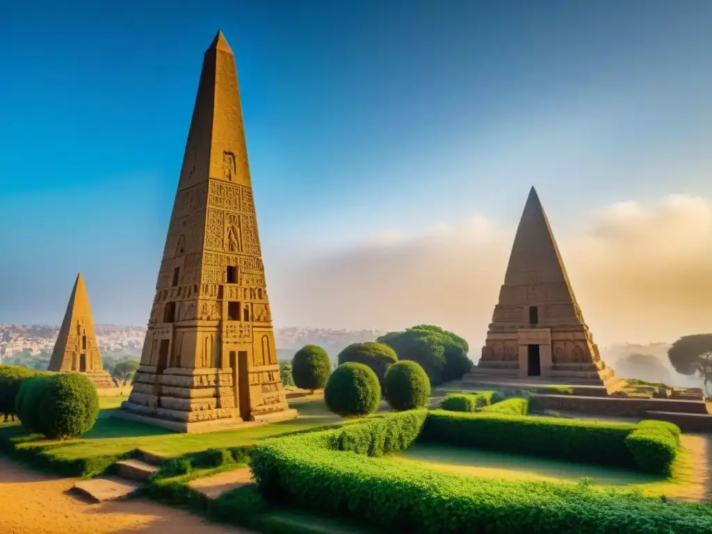 Obeliscos de piedra de la civilización de Aksum en África, majestuosos bajo el cielo azul