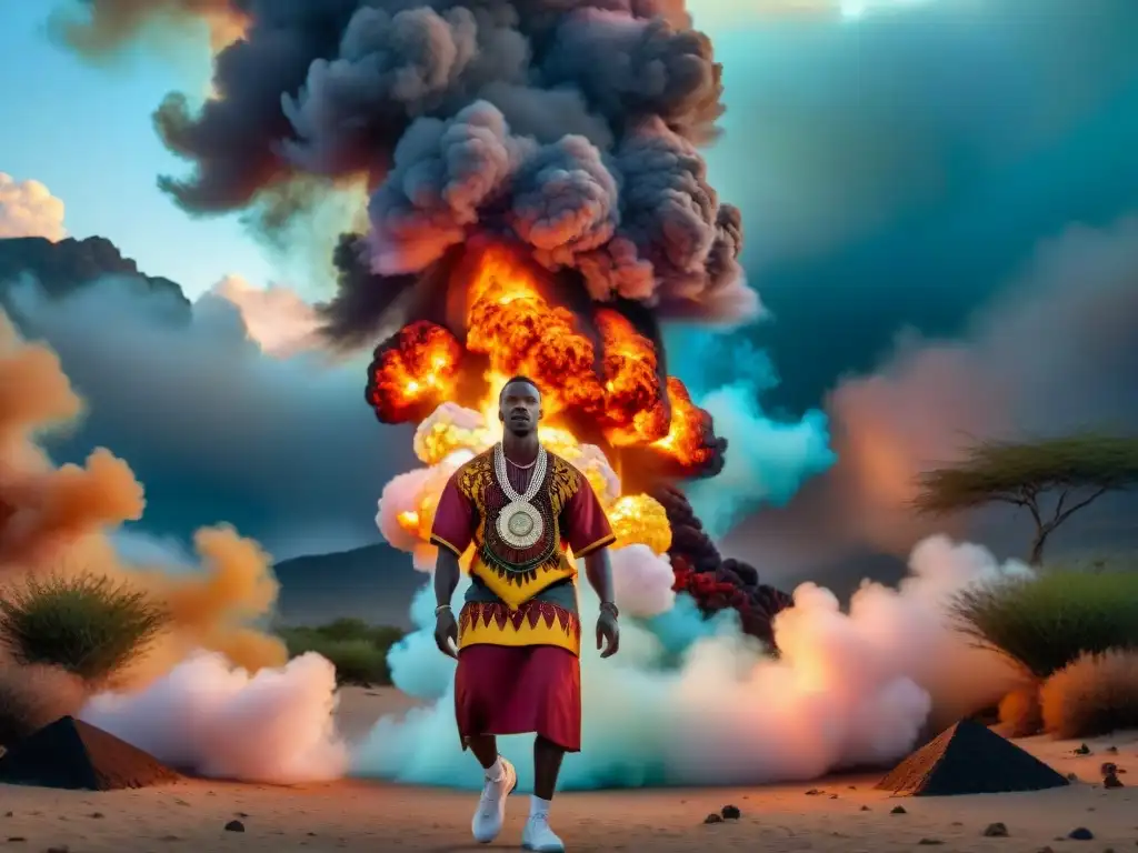Obra de arte africano con simbolismo del fuego, energía transformadora en patrones vibrantes