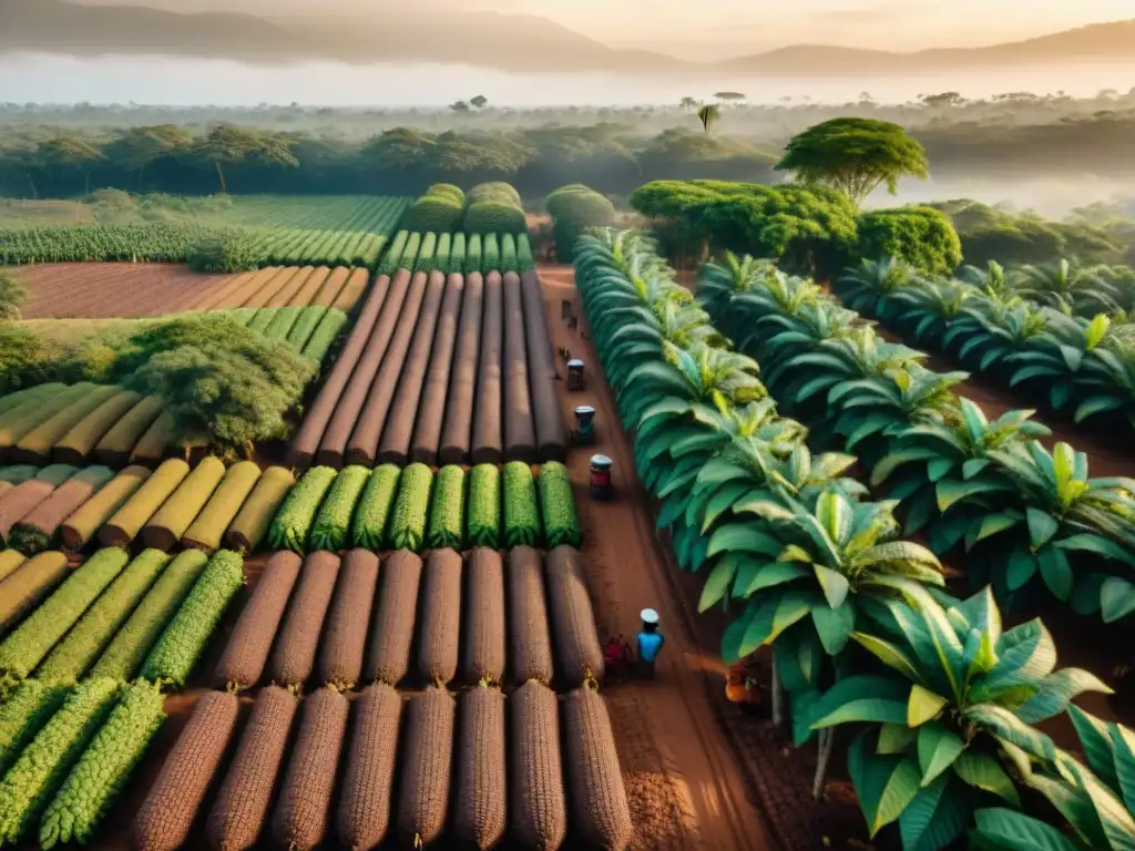 Un ocaso dorado ilumina una plantación de cacao en África, donde agricultores locales cosechan los frutos