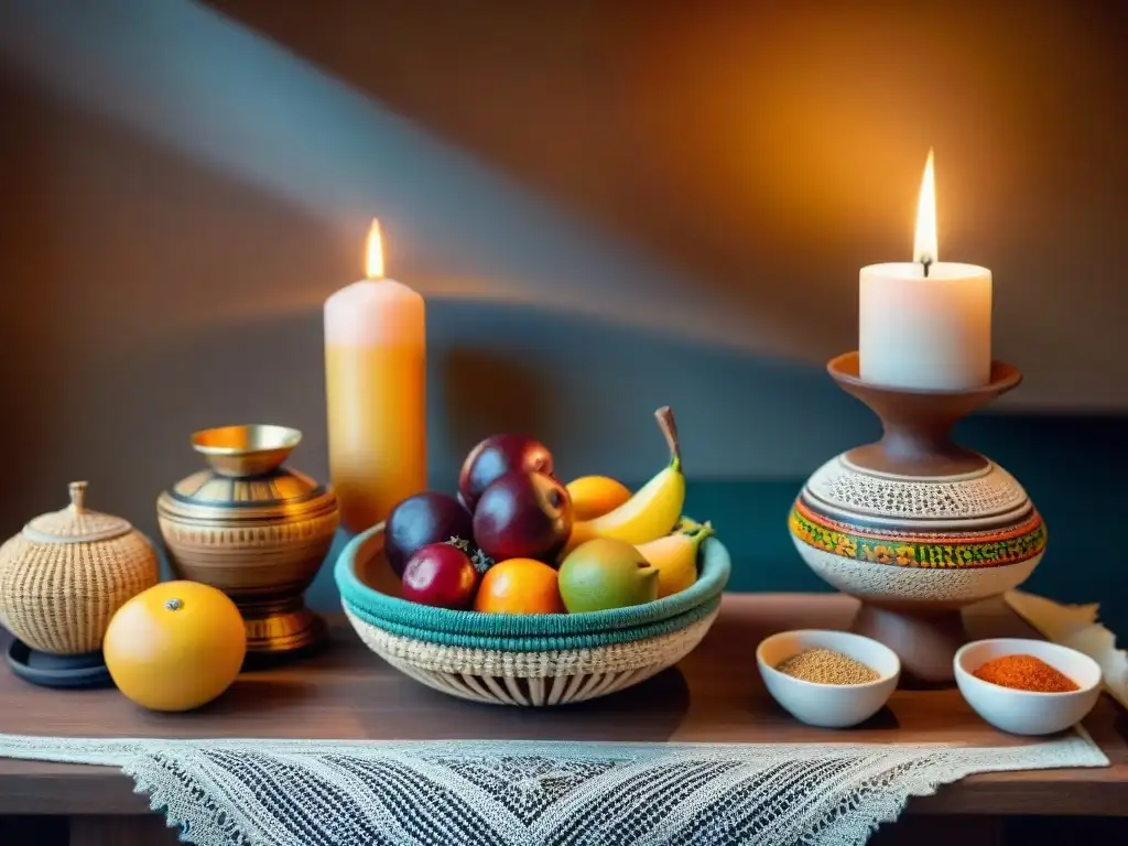 Ofrendas alimentarias africanas dispuestas con simbolismo en un altar de madera tallada