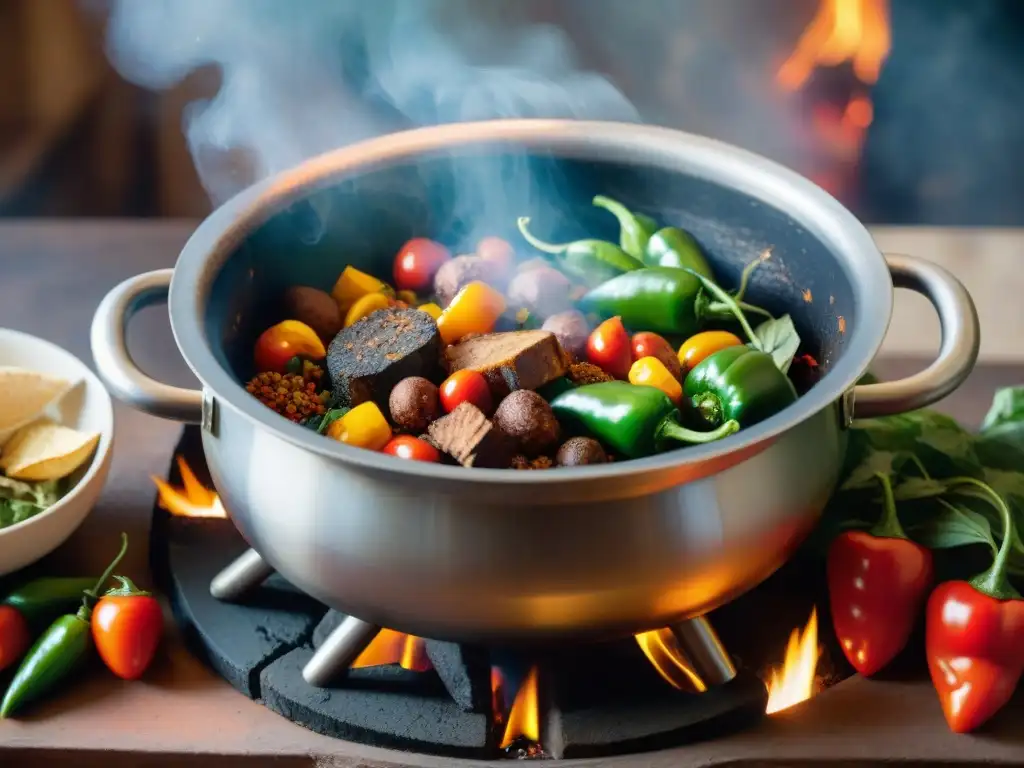 Una olla africana tradicional en el fuego con especias y ingredientes frescos