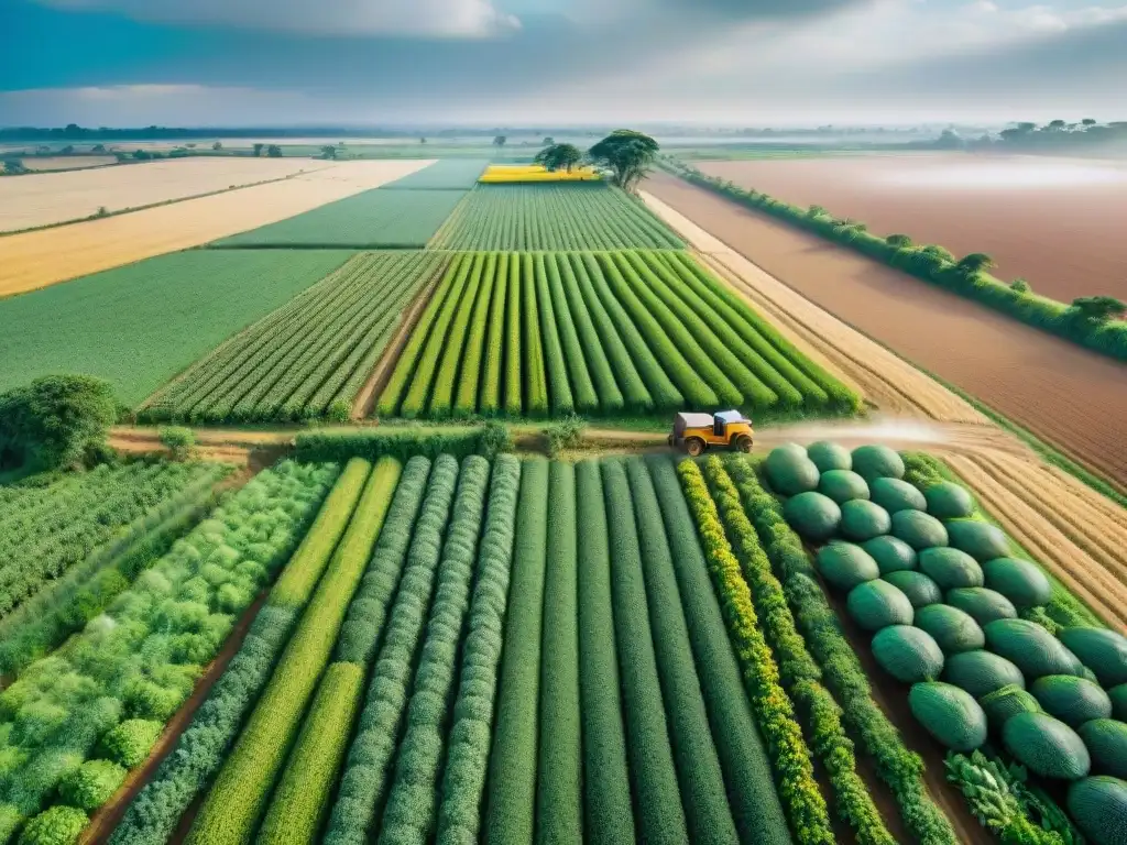 Oportunidades en la cadena de valor agrícola: extenso paisaje africano con cultivos verdes y comunidades locales trabajando