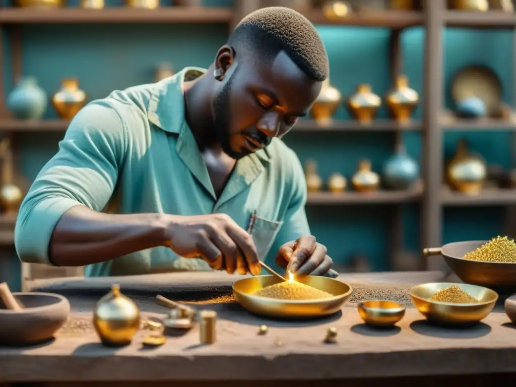 Artesano africano creando joyería de oro con maestría Un orfebre africano dedicado crea joyería de oro en un taller, mostrando la esencia de la orfebrería en África Occidental