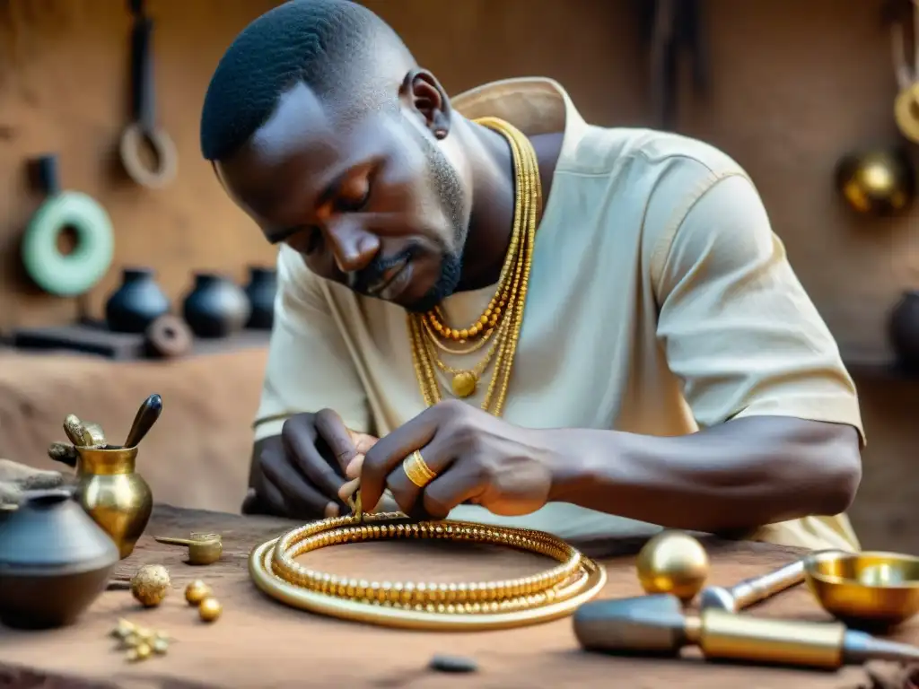 Artesano dorador en África: tradición y destreza artesanal Un orfebre en África occidental crea con destreza una joya de oro, rodeado de herramientas e historia cultural
