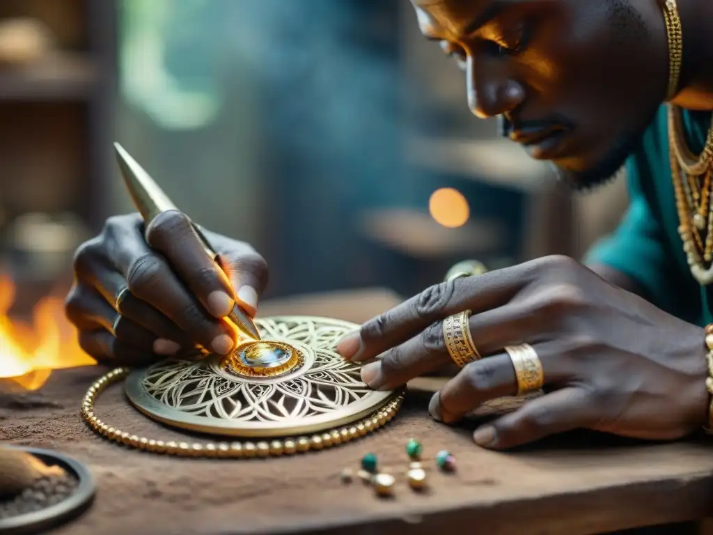 Artesano africano creando filigrana en plata: tradición y maestría Un orfebre en África Occidental crea filigranas en un taller antiguo y lleno de herramientas, reflejando la rica tradición artística