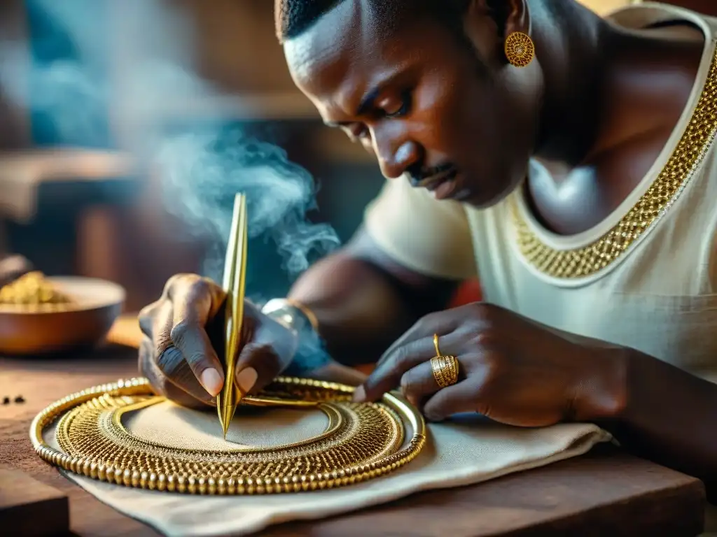 Artesano africano creando joyería de oro: detalle filigrana Un orfebre en África Occidental crea una joya de oro con filigrana en un taller tradicional