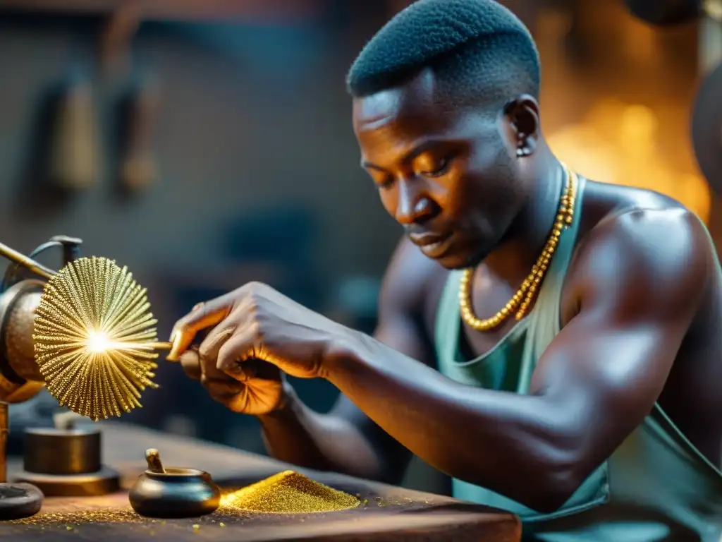 Orfebre africano: arte en oro con detalle Orfebrería en África Occidental: Detalle de un orfebre africano moldeando joyería en un taller tenue, con destellos de polvo dorado en el aire