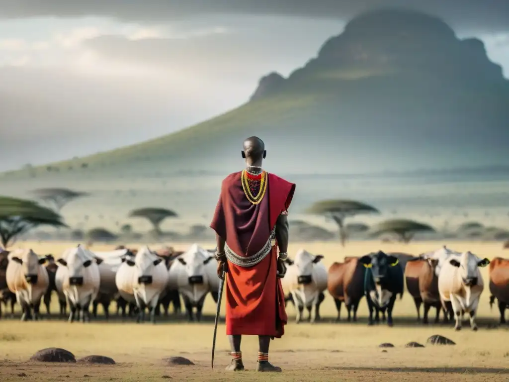 Orgulloso guerrero Maasai junto a su ganado en la sabana dorada del Serengeti, mostrando la influencia de los animales en África