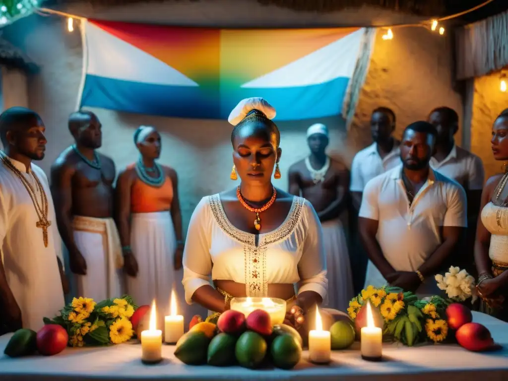 Origen y sincretismo del vudú: Ceremonia Vudú en Haití, worshippers vestidos de blanco, banderas coloridas, sacerdotisa en trance, luz de velas