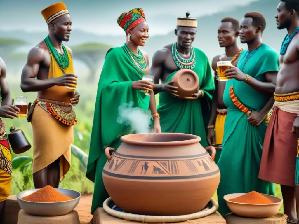 Orígenes de bebidas africanas antiguas: Tribus africanas fermentando cerveza tradicional en una escena colorida y detallada en la sabana