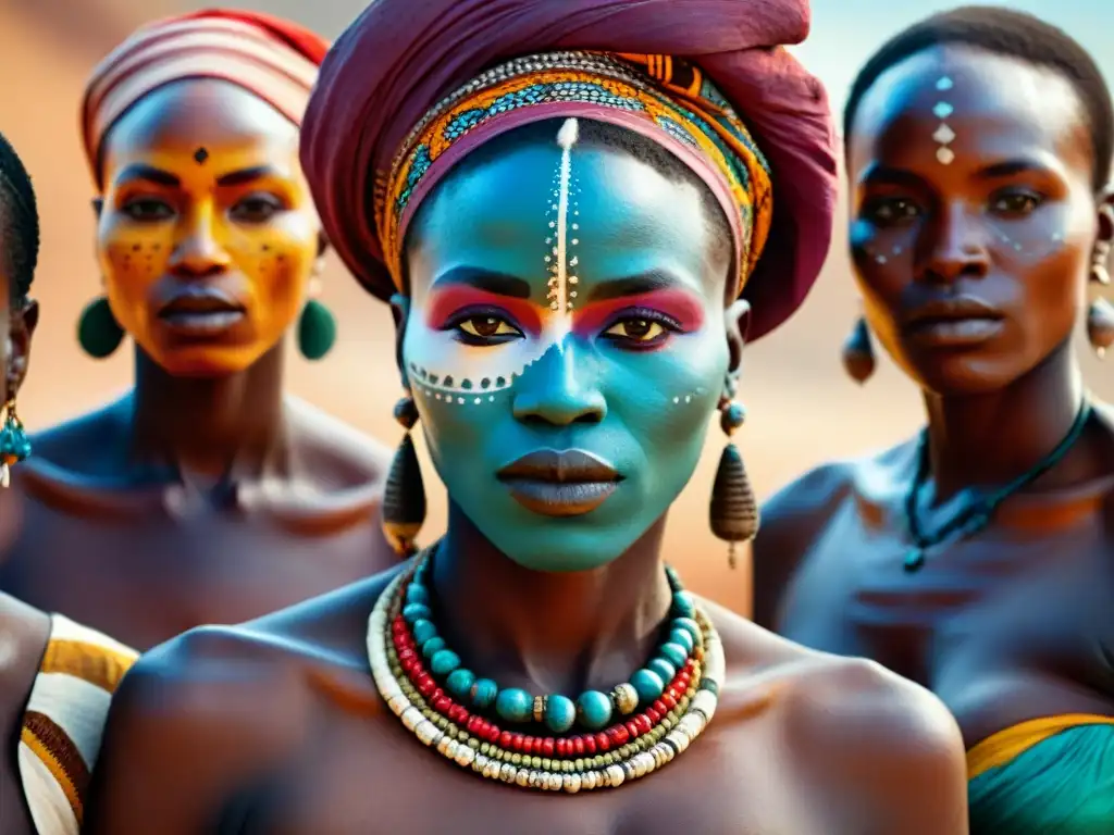 Orígenes cosméticos civilizaciones africanas: Mujeres tribales con prácticas tradicionales de belleza y coloridas decoraciones corporales