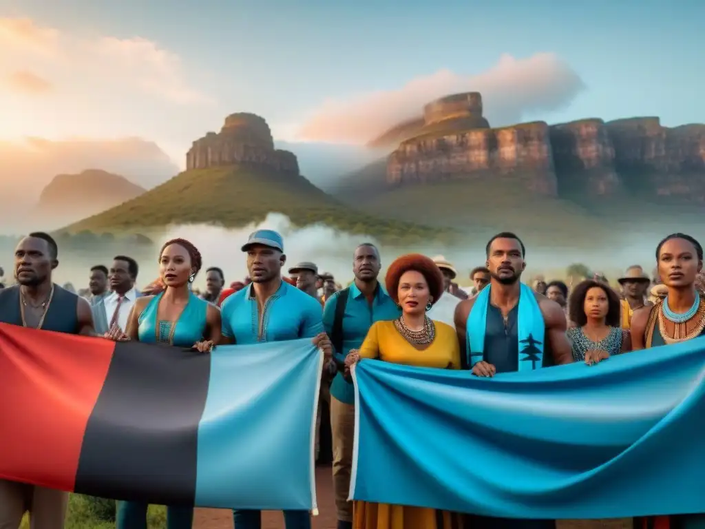 Manifestación pacífica de activistas de Botswana con atuendos tradicionales y pancartas coloridas frente a un edificio gubernamental, reflejando la determinación y unidad del pueblo, en el contexto de la lucha por la independencia