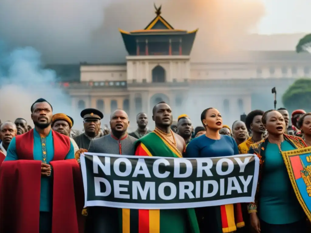 Manifestación pacífica de activistas swazis frente al palacio real en Eswatini, abogando por democracia y modernización bajo cielos nublados