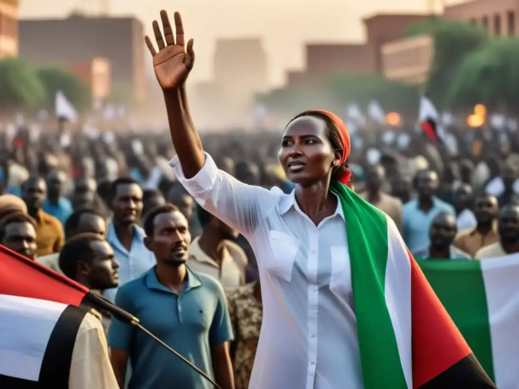 Manifestación pacífica en plaza sudanesa, con diversidad de personas y banderas coloridas representando regiones y culturas