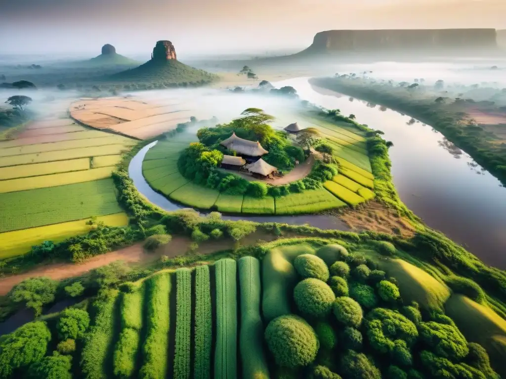 Paisaje africano con savana, río y aldea rural