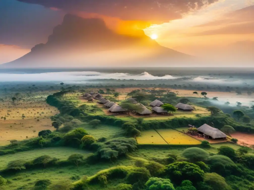 Paisaje africano con aldea tradicional y puesta de sol dorada