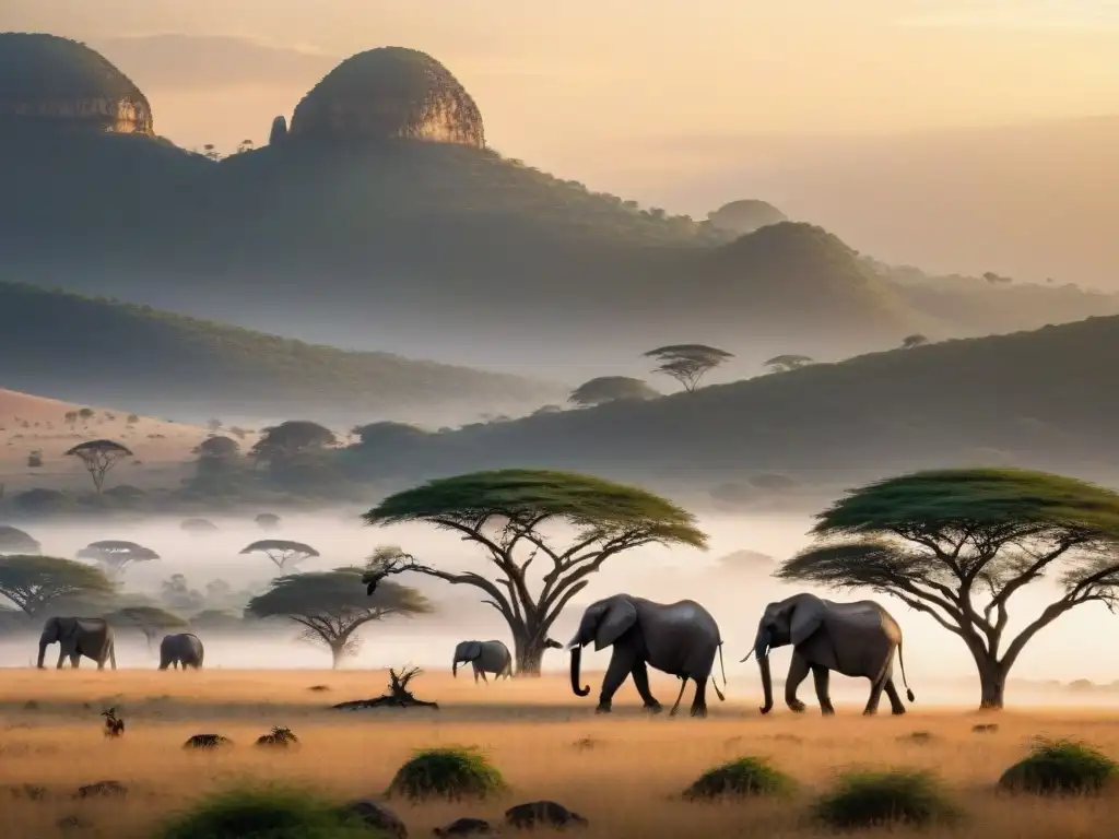 Paisaje africano al atardecer con elefantes, jirafas y cebras bajo el sol dorado, mostrando la influencia de los recursos naturales en África