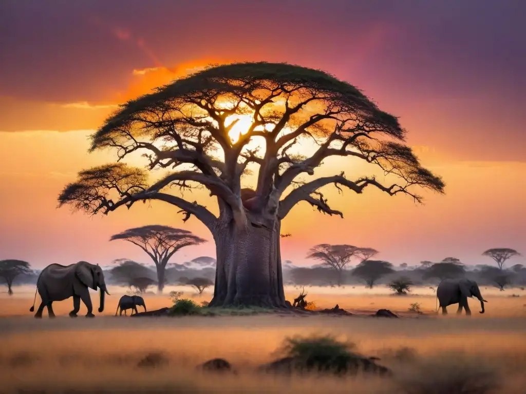 Un paisaje africano al atardecer con una paleta de cálidos colores, destacando un baobab y elefantes