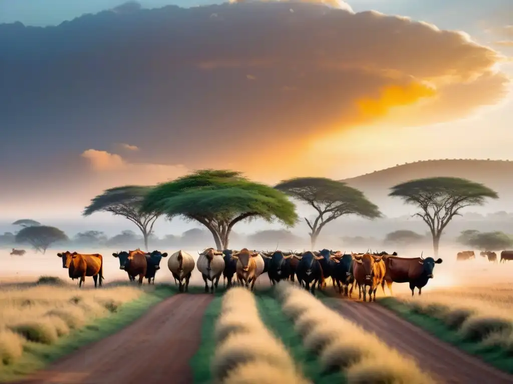 Paisaje africano con nómadas Fulani pastoreando bajo el atardecer