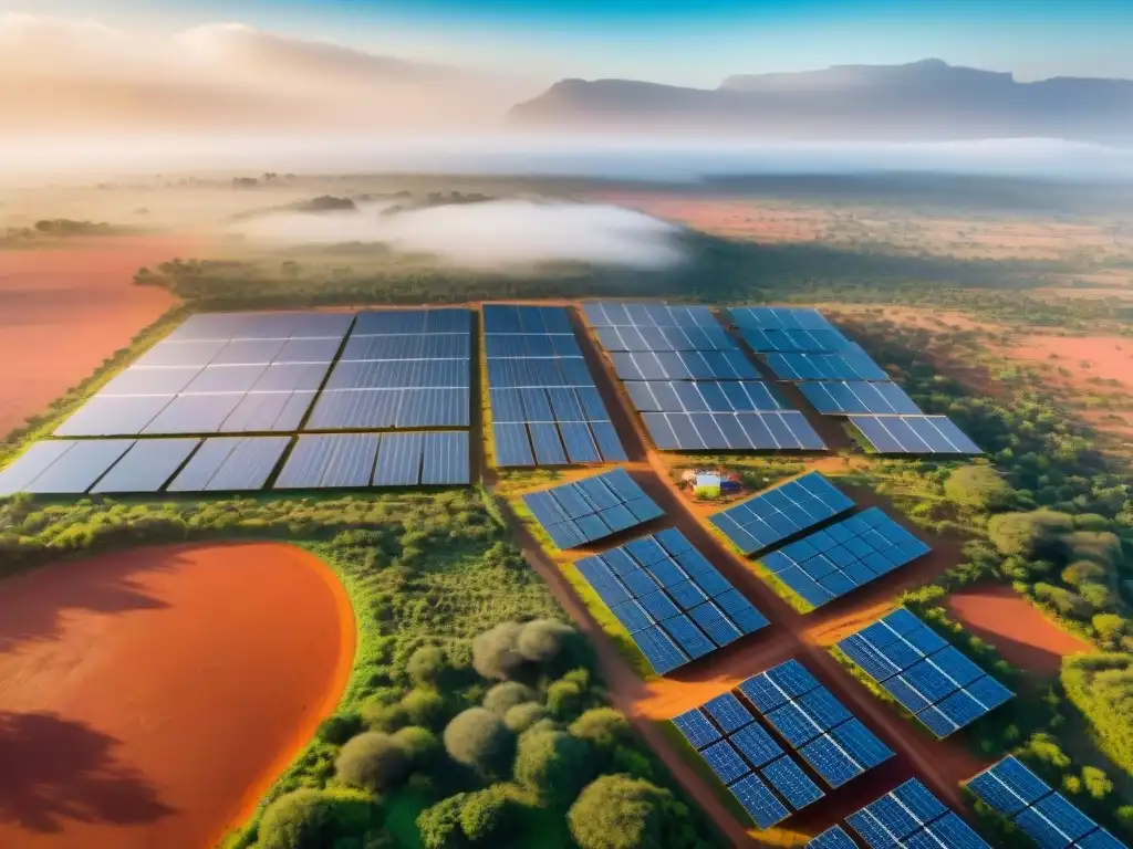 Un paisaje africano bañado por el sol con paneles solares, integrando la energía renovable en la economía local