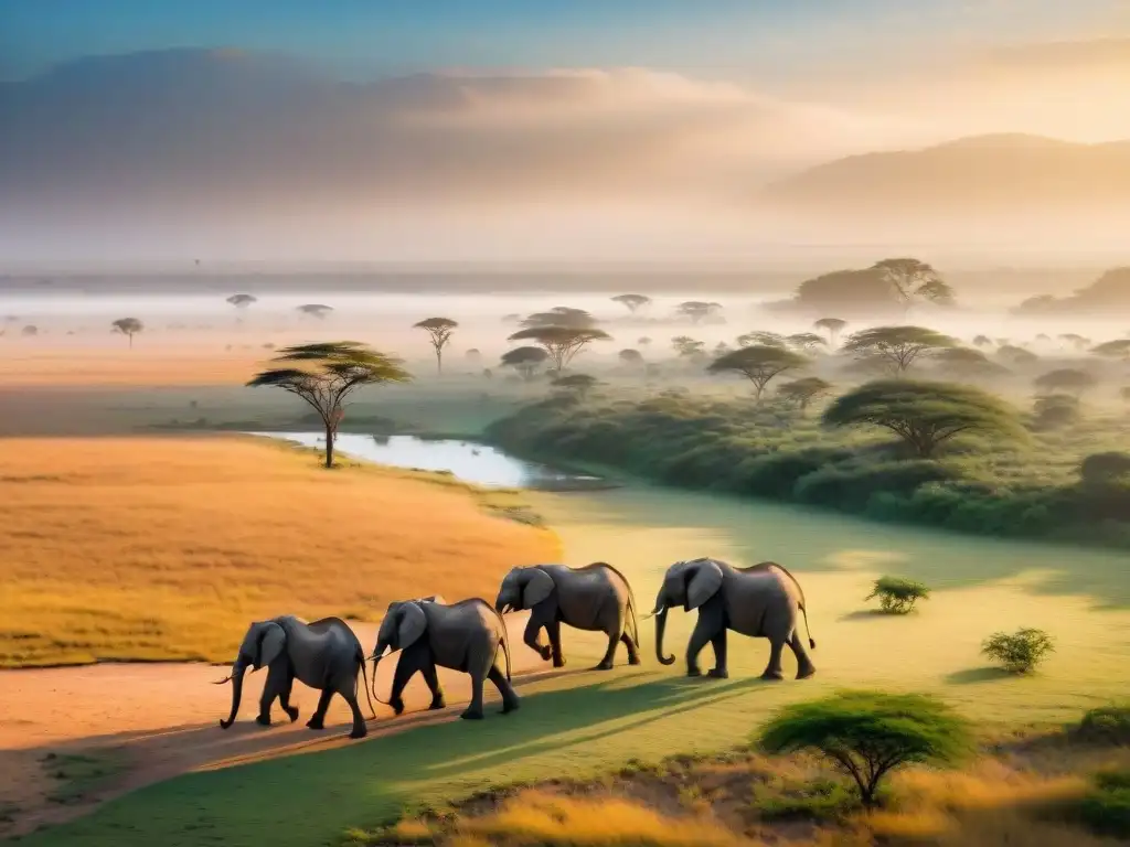 Paisaje africano con elefantes en una llanura dorada al atardecer