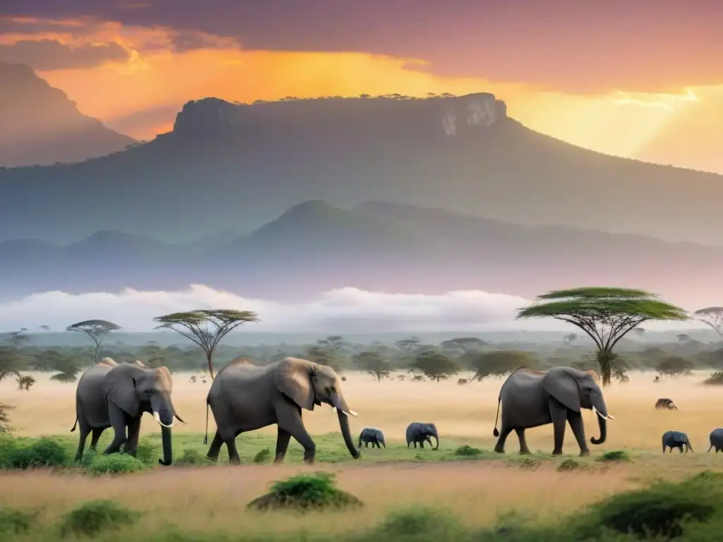 Paisaje africano: elefantes en la sabana con puesta de sol