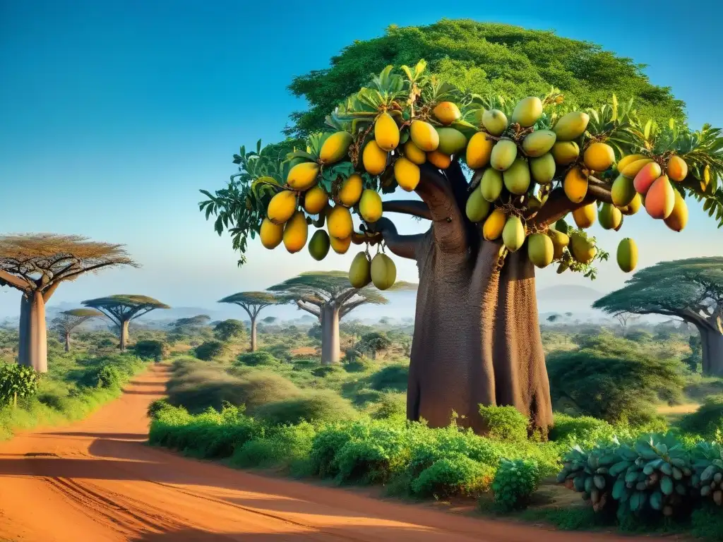 Un paisaje africano exuberante con frutas exóticas: baobabs, árboles de marula y mangos maduros