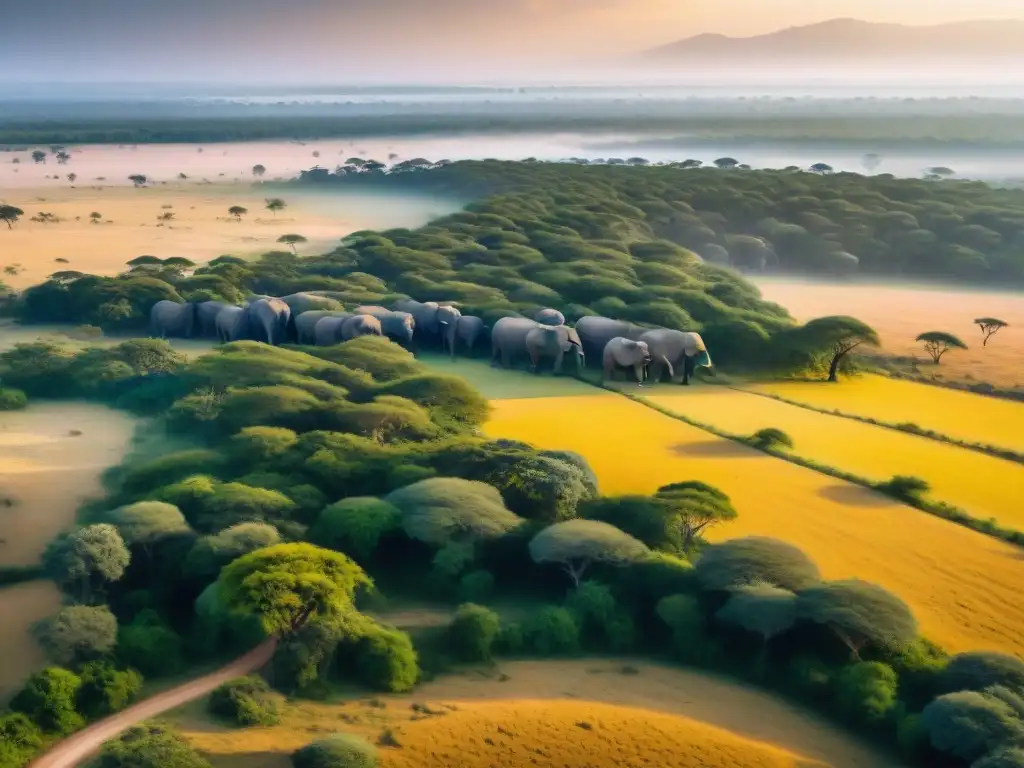 Un paisaje africano majestuoso con elefantes y acacias al atardecer