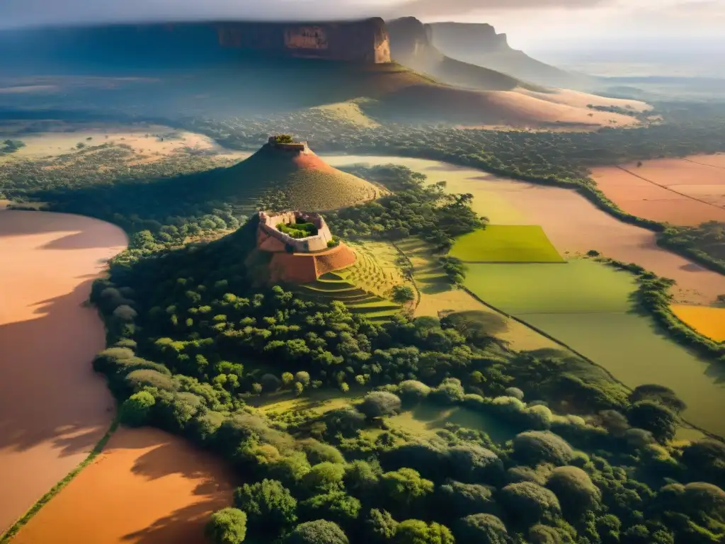 Paisaje africano con ruinas antiguas y artefactos, evocando la arqueología y la riqueza cultural de África