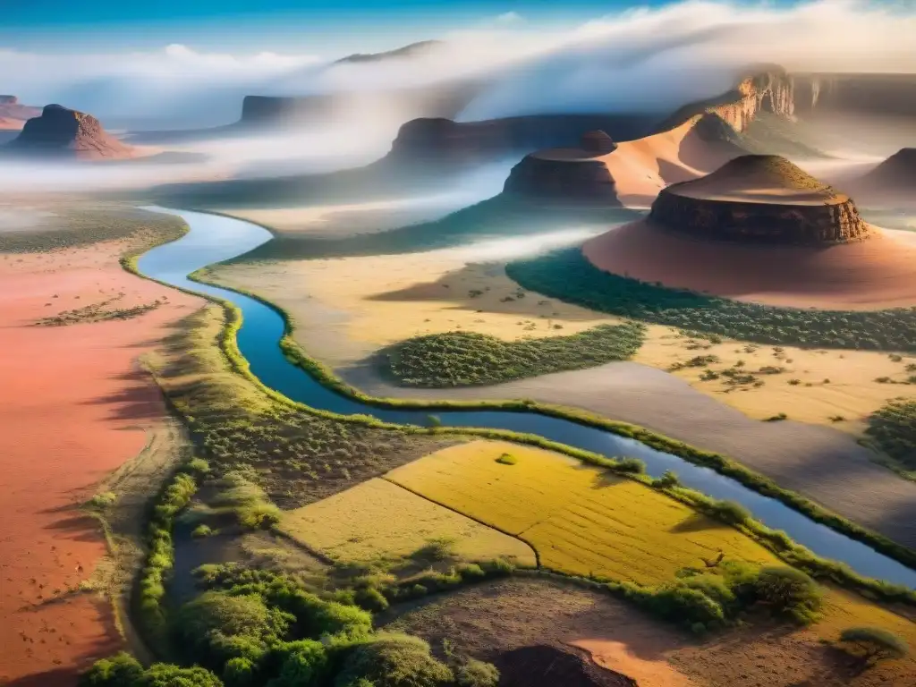 Un paisaje africano vasto con un río brillante serpenteando entre llanuras secas, resaltando la importancia del agua en África