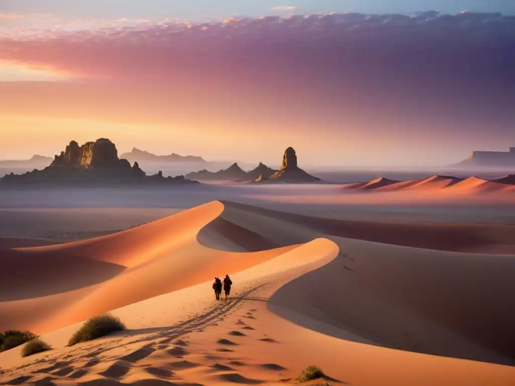 Paisaje del Sahara al atardecer con arte rupestre, tribu nómada y cálidos colores africanos