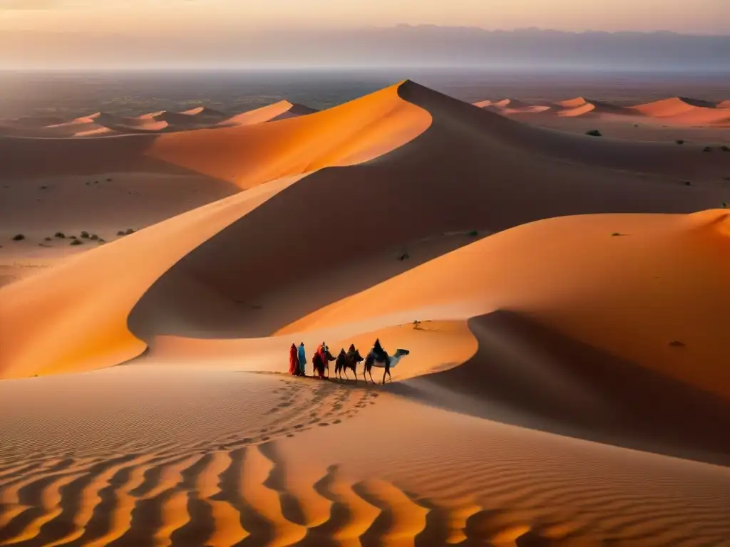 Paisaje del Sahara al atardecer con pozos de agua de piedra bereberes y personas berberes en vestimenta tradicional