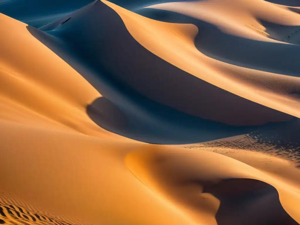 Un paisaje contrastante de médanos en Los Médanos de Coro, Sahel: arena dorada, cielo azul profundo y sombras al atardecer