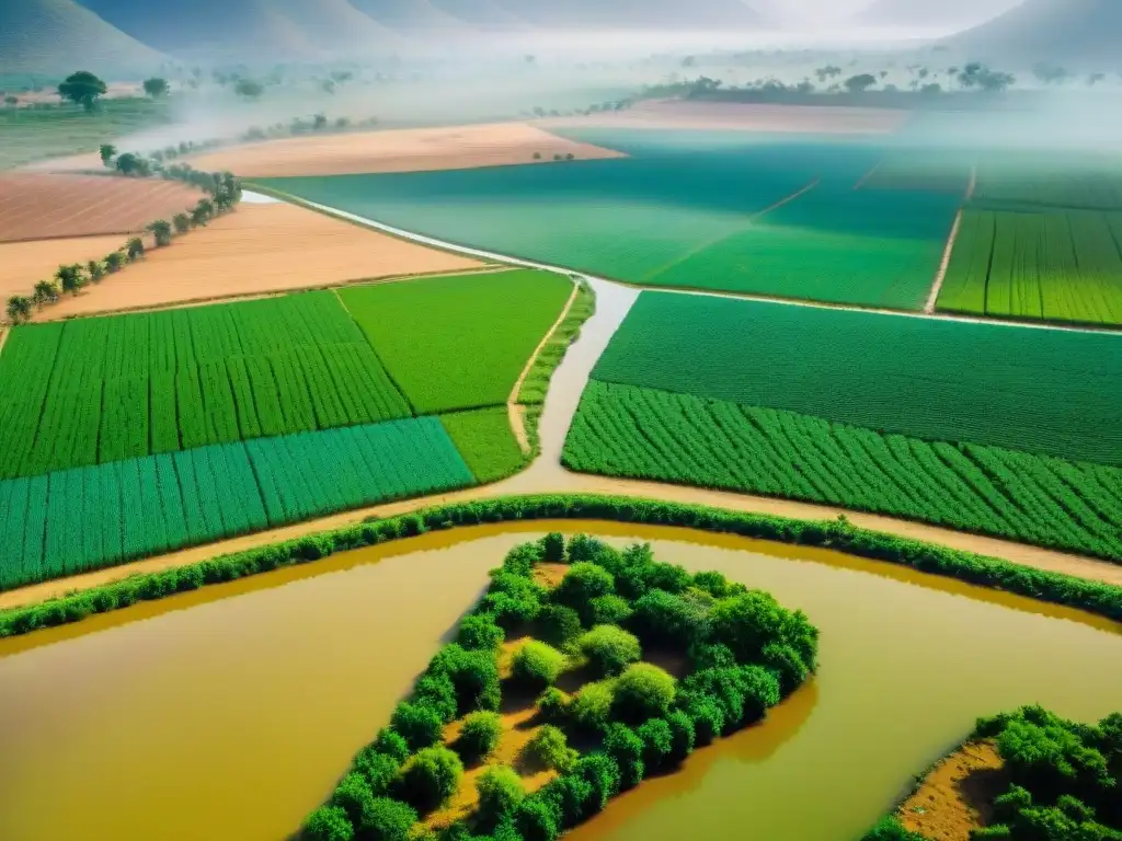 Paisaje Cultural Sukur Nigeria: Red de canales de riego entre campos verdes, agricultores locales trabajando bajo el sol africano