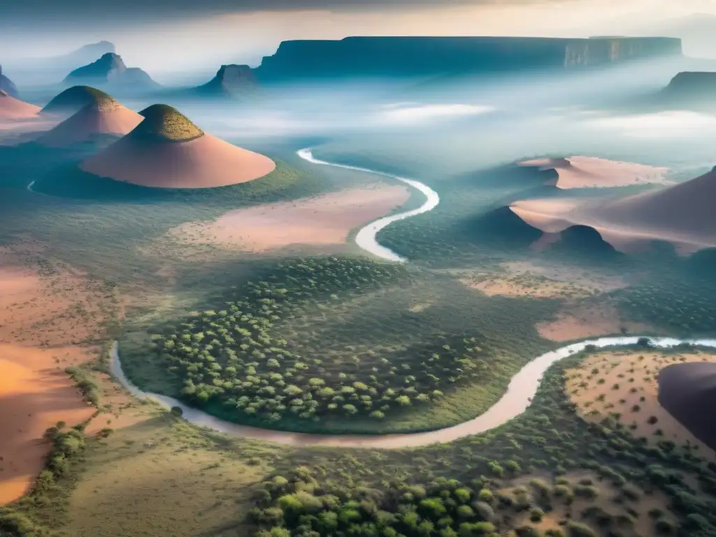 Desierto africano: vida remota y desafiante Paisaje desértico en África con aldeas aisladas y acacias dispersas