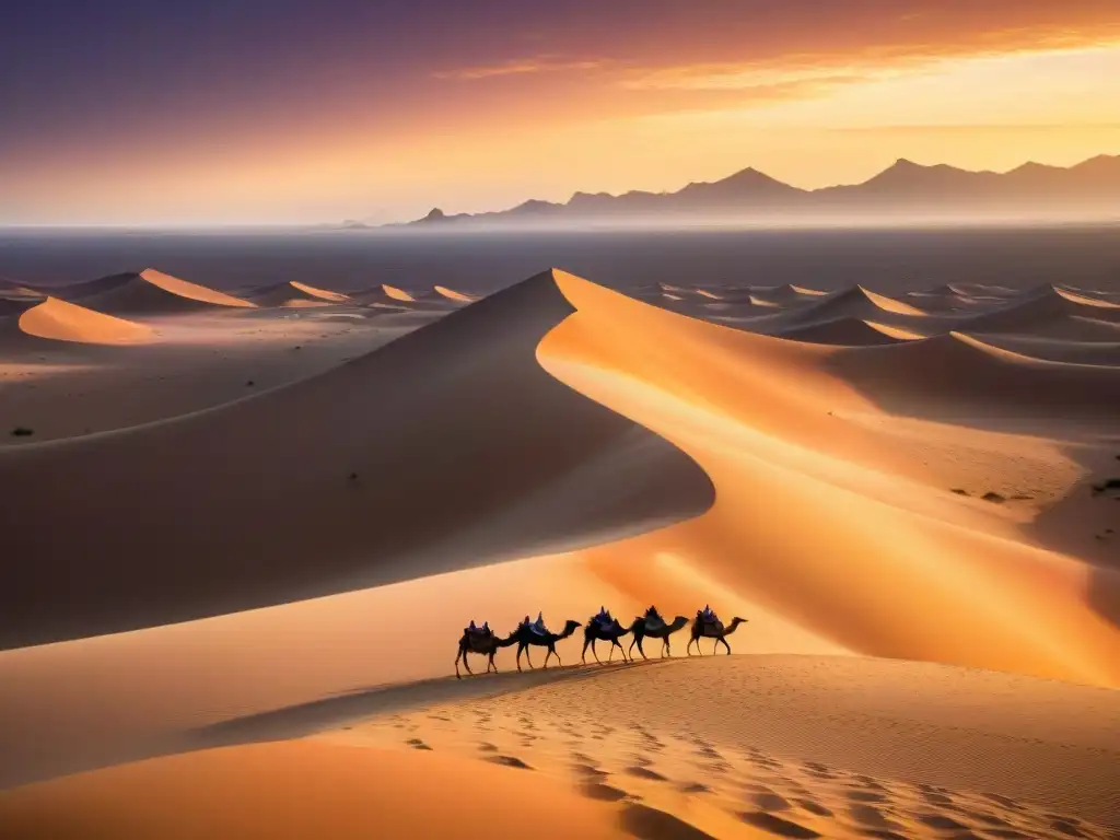 Un paisaje desértico del Sahara con una caravana de camellos cargados de oro y sal al atardecer