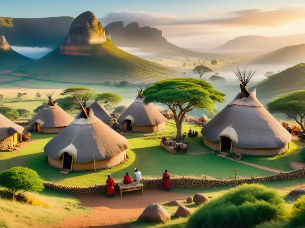 Un paisaje detallado de una aldea Zulú tradicional con ancianos debatiendo bajo un árbol, niños jugando y un atardecer vibrante