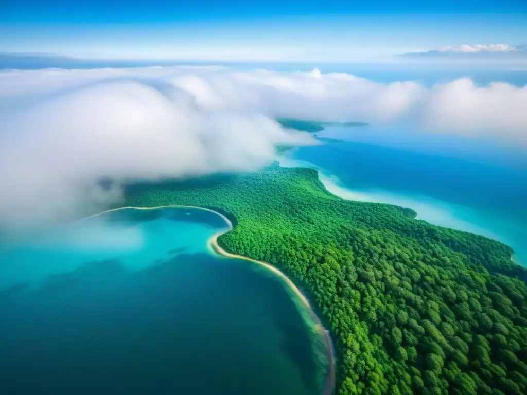 Un paisaje de los Grandes Lagos con aguas azules, bosques verdes y una atmósfera de misterio y belleza natural