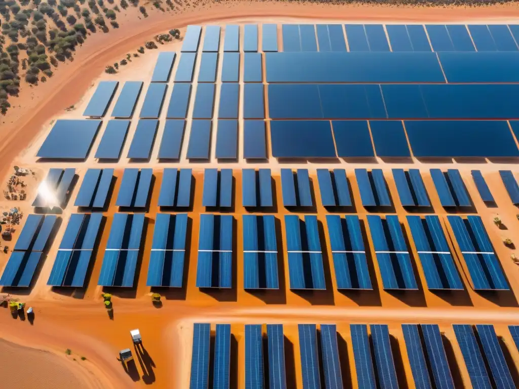 Un paisaje impresionante de una granja solar en el desierto africano, con trabajadores locales ensamblando paneles solares